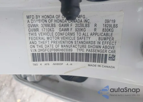 2019 Honda Civic Lx из США, поврежденный, VIN 2HGFC2F68KH603089